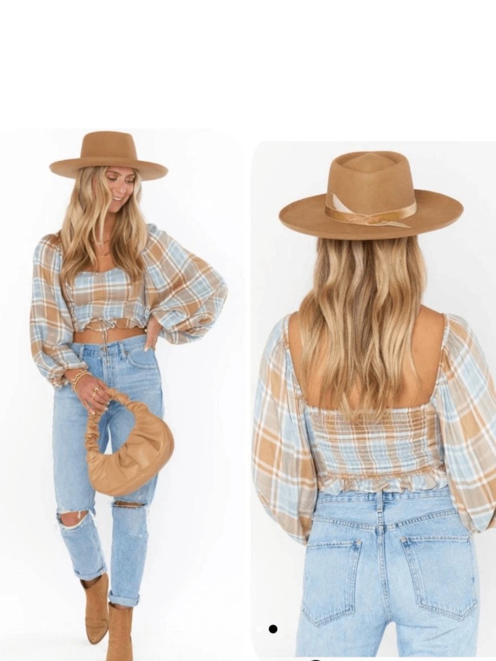 Show Me Your Mumu Plaid Cropped Top in Beige & Light Blue